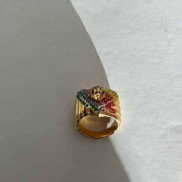 Authentic Kurt Geiger Pave Crystal Rainbow Heart Ring Eagle Head Gold Size 9 NWT - Picture 8 of 9